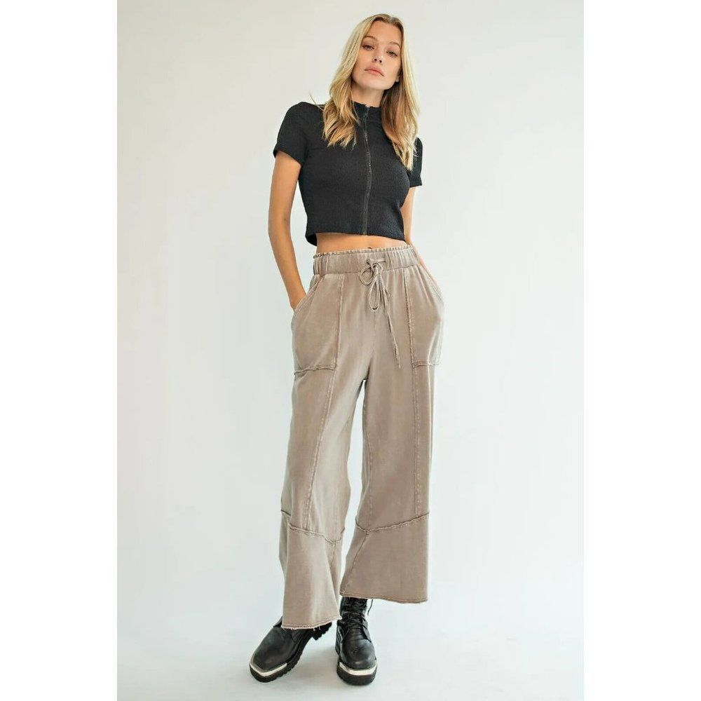 Easel Washed Terry Knit Wide Leg Boho Bohemian Pants in Mushroom S-L EB40706 - Picture 3 of 4